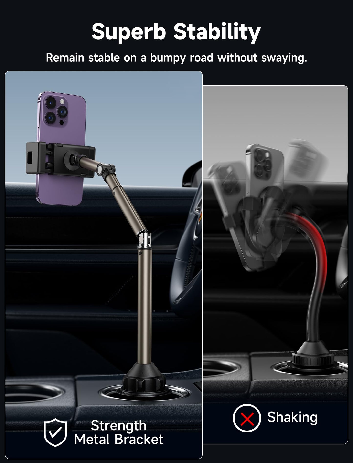 JSAUX Car Cup Holder Cellphone Mount, Metal Long-Arm Ultra Stable Phone Holder for Car Cupholders - Adjustable for iPhone 16 15 Pro Max 13 12 11, Samsung Galaxy S24 S23 Ultra, Google Pixel 9 Pro