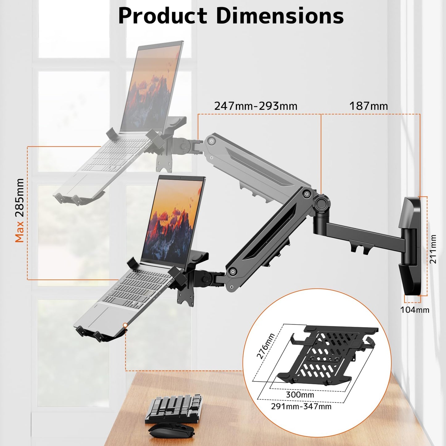 PUTORSEN Laptop Wall Mount, 2-in-1 Monitor Wall Mount for 10-17'' Notebook & 17-40" Screen, Full Motion Adjustable with Laptop Tray, Holds 2.2-26.4 lbs, VESA 75/100mm (Black)