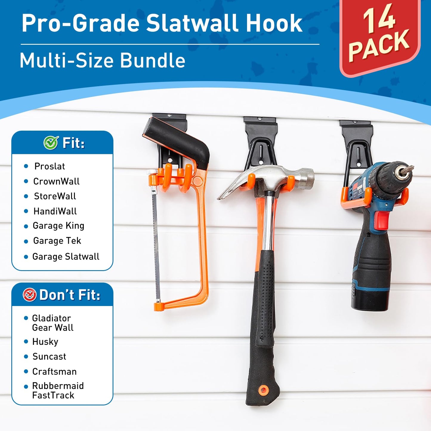 Multi-Size Slatwall Hooks 14 Pack, Wall-Mount Garage Slatwall Accessories, Heavy Duty Utility Slatwall Hooks for Garden, Garage, Workshop (Orange)