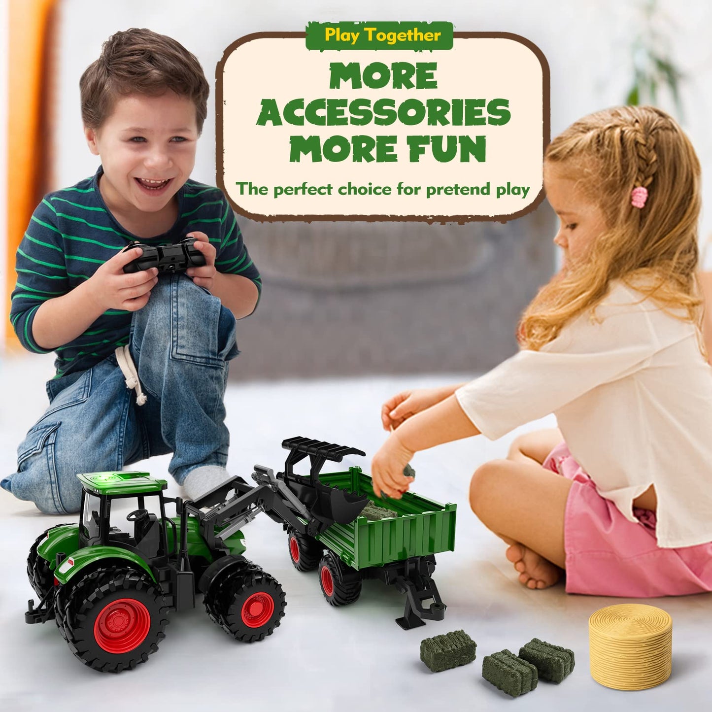 WELIN Remote Control Tractor and Trailer Toys - Rechargeable RC Tractor Playset with Metal Car Head/Lights/8 Wheels, Green Farm Truck Vehicles Toy Set, Birthday Gifts for Kids Boys Ages 3+