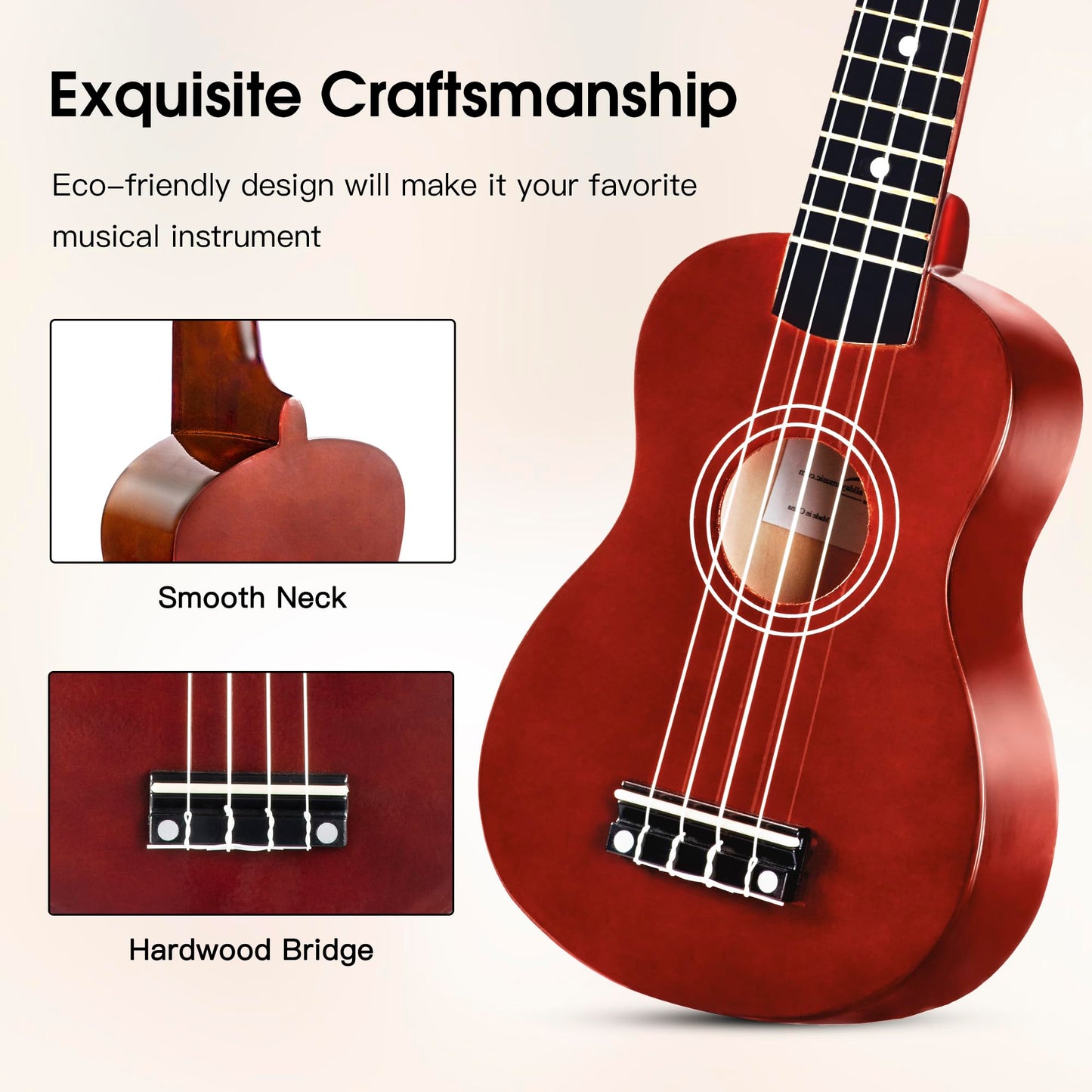 ADM Soprano Ukulele for Beginners 21 Inch Hawaiian Wood Ukelele Kit for Adult Student Starter Professional Ukalelee Pack Bundle with Free Lessons Gig Bag Strap Nylon String Tuner Pick, Brown