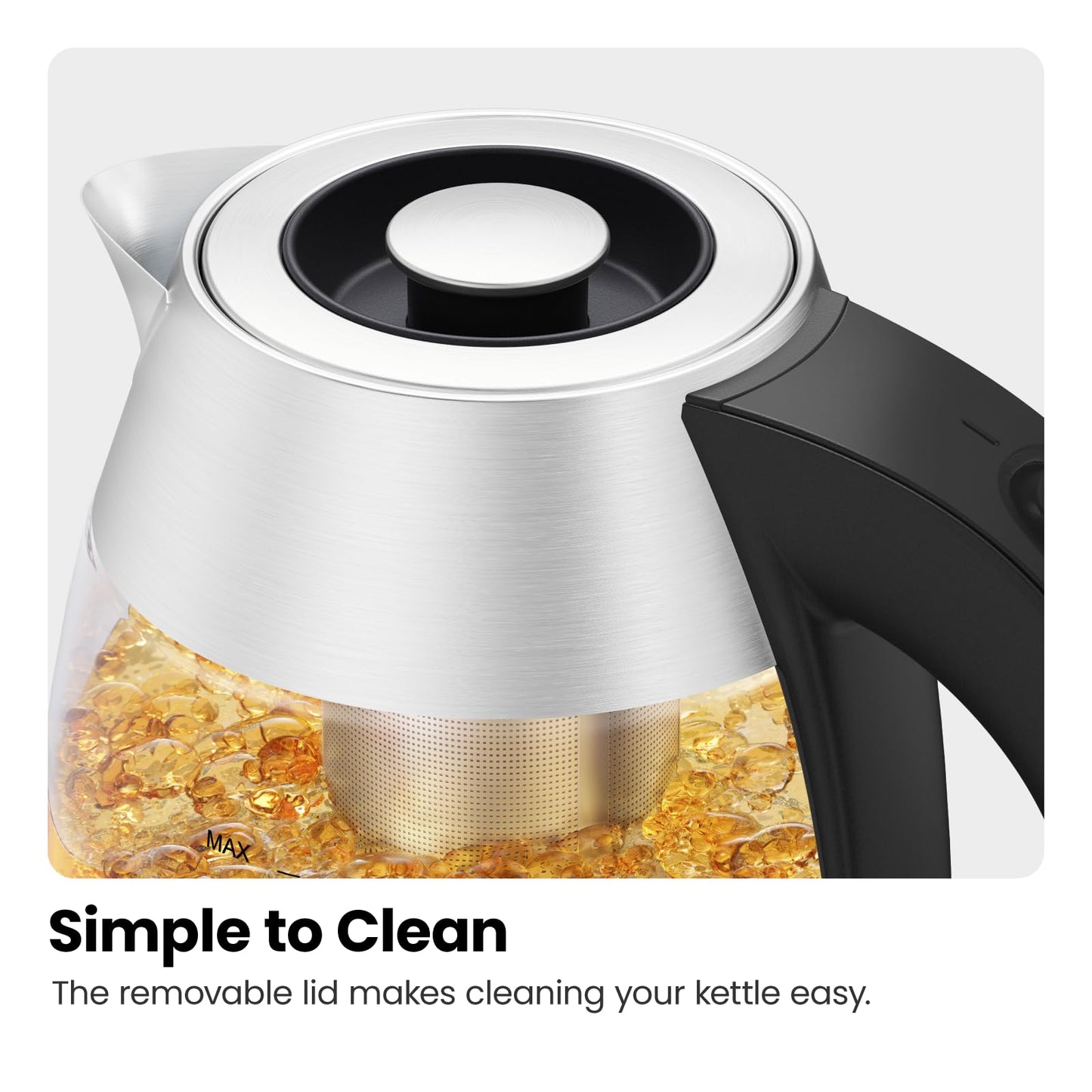 Chefman Electric Kettle for Boiling Water, 1.8L 1500W, Removable Tea Infuser, Auto Shut Off, Boil-Dry Protection, BPA Free, Borosilicate Glass, Hot Water Boiler, Electric Tea Kettle - Stainless Steel