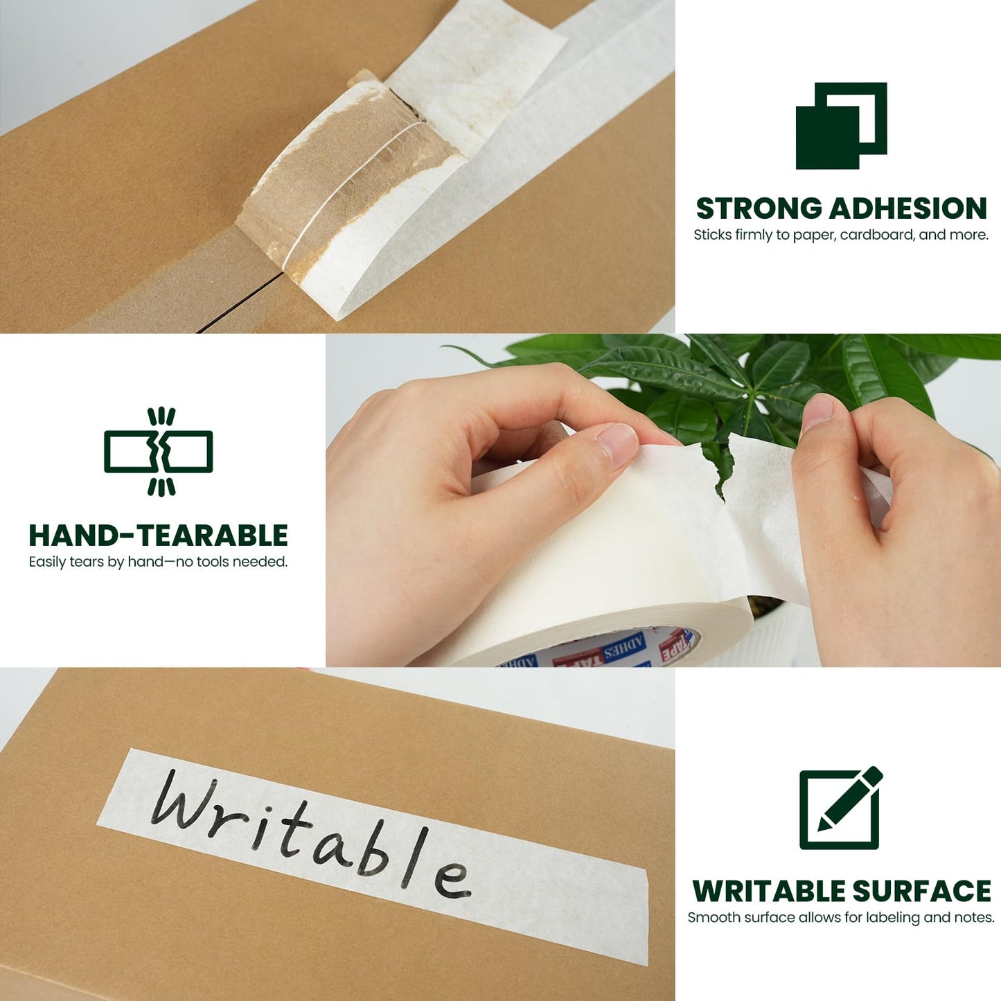 ADHES White Kraft Paper Tape, 2 Inch x 55 Yards, 6 Rolls Writable & Uncoated Heavy Duty Paper Tape, Eco-Friendly Biodegradable Packing Tape for Sealing, Packaging, Moving & Masking
