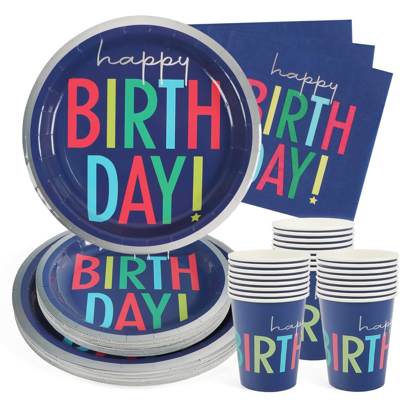 UVTQSSP 96 Pcs Party Plates and Cups and Napkins Sets, Birthday Paper Plates and Napkins, Disposable Tableware Set, Party Supplies for Kids Happy Birthday, Serve for 24, Blue Colorful Design