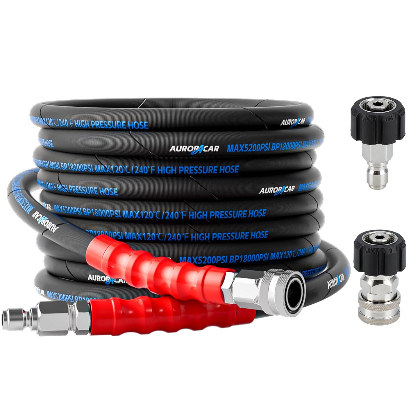 3/8'' Pressure Washer Hose 25FT, Kink Resistant High Tensile Wire Braided Power Washer Hose for Hot and Cold Water with 2 Pcs M22-14mm 3/8" Quick Connect Kit, 5200PSI Commercial Industrial Grade