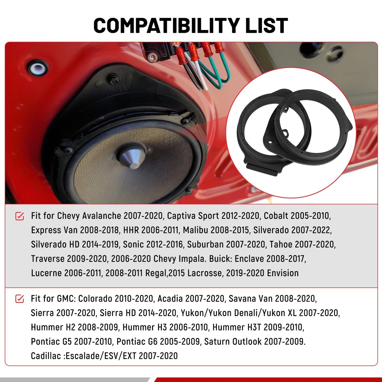 RED WOLF Front/Rear Door 6.5" Inch Aftermarket Speaker Update Install Spacers Adapter Replacement for GMC 2006-2019, Chevrolet 2006-2015 Some Cadillac, Buick