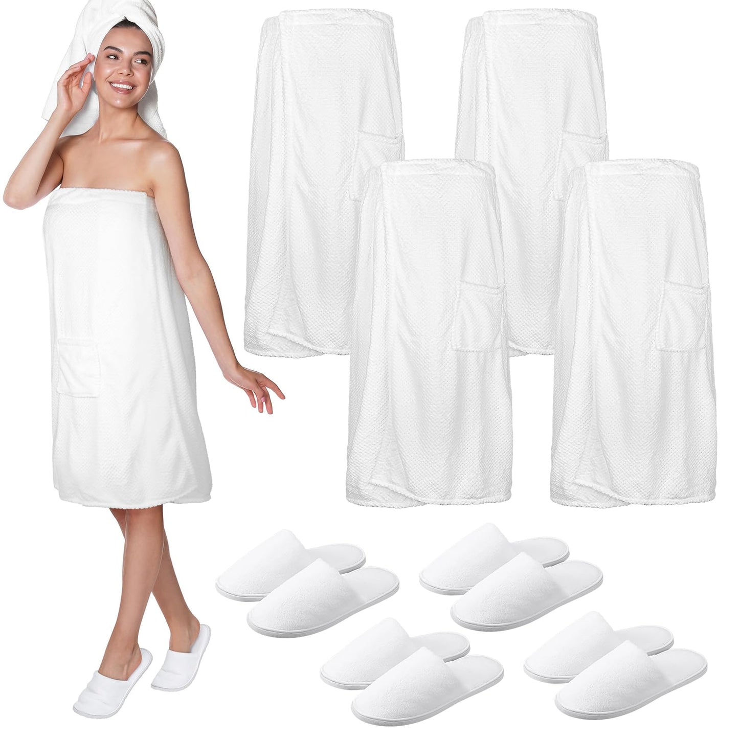 Tigeen 4 Sets Spa Wraps for Women and Hotel Slippers Spa Slippers Washable Lightweight Waffle Towel Wrap with Pocket Reusable Bathroom Slippers for Spa Gym Sauna Bath, White