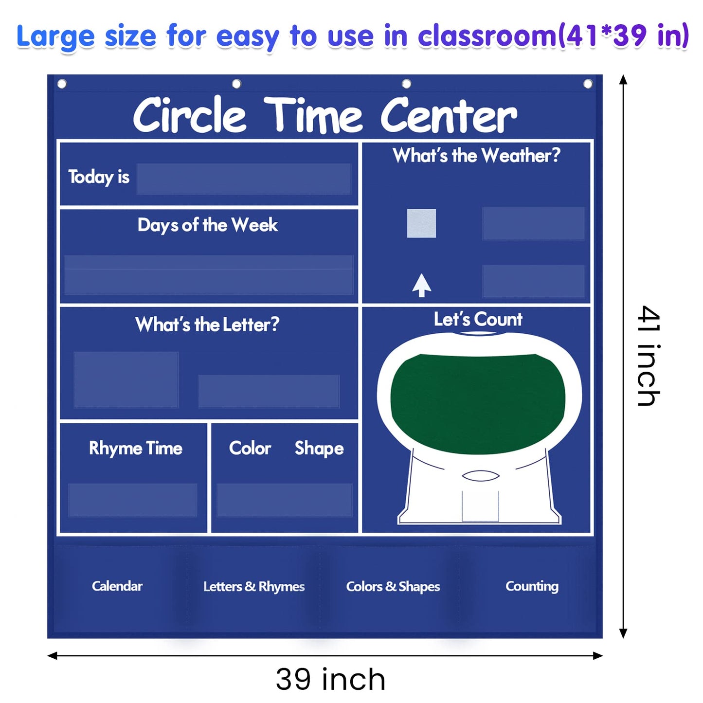 Auchq Circle Time Learning Center Pocket Chart, Heavy-Duty Kids Calendar for Classroom, Educational Pocket Chart Learning Calendar Weather Letter Counting Rhyme Color Shape, Great for Classroom and Homeschool (Blue).