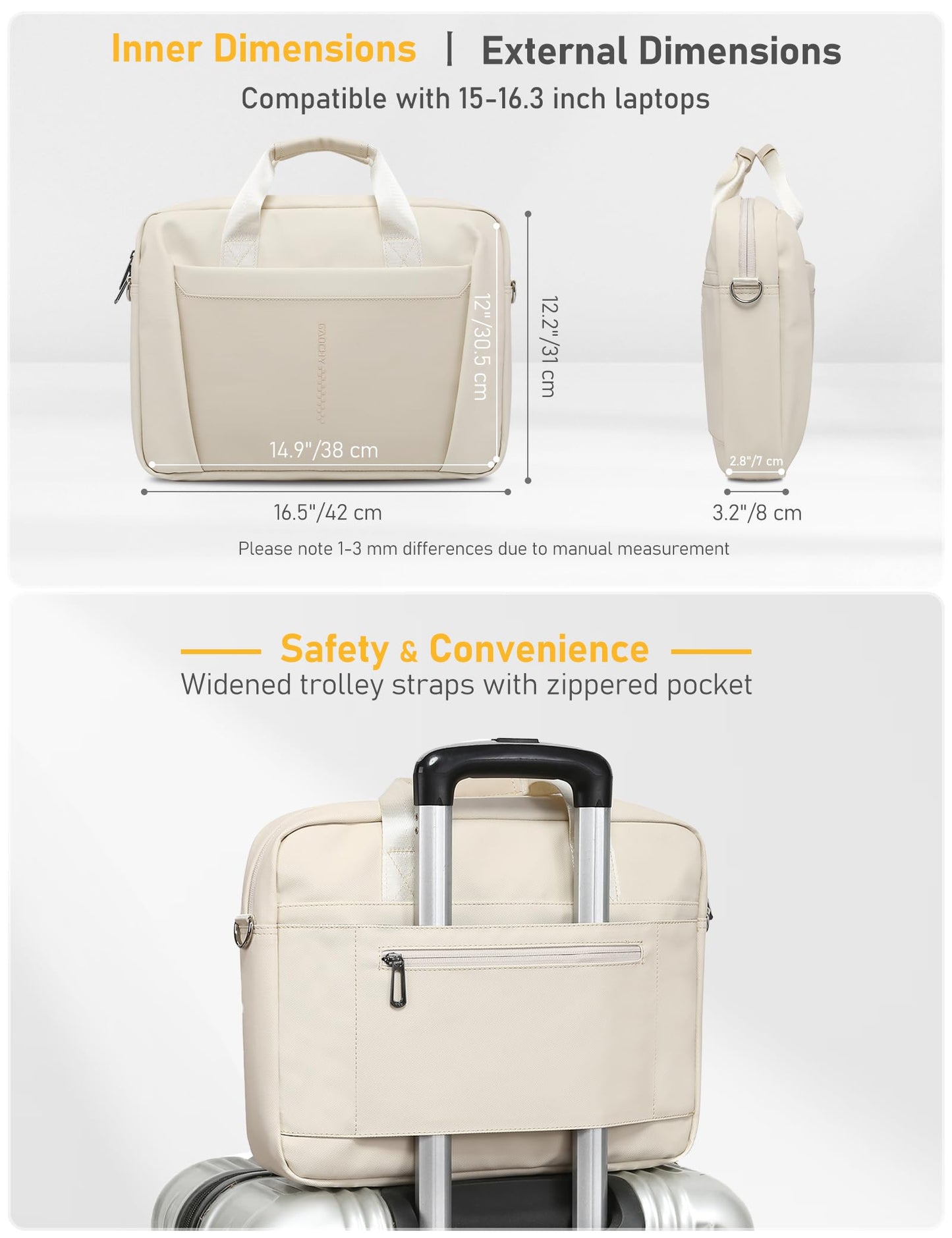 GAOCHY 15-16 Inch Laptop Shoulder Bag Business Briefcase Water Resistant Computer Messenger Bags Compatible with MacBook Pro 16, MacBook Air 15 M4, HP, Dell, ASUS Notebook, Pearl White