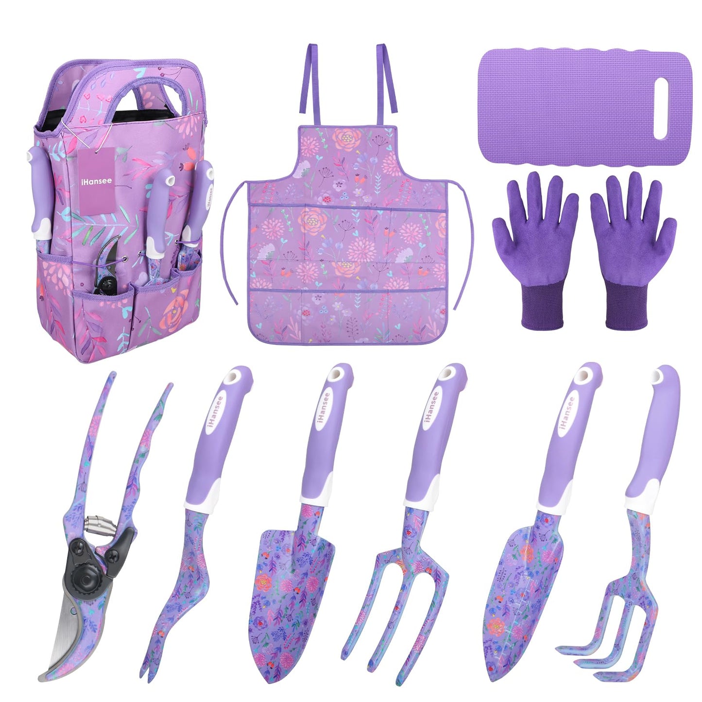 iHansee Purple Garden Tools 10-Piece, Heavy Duty Gardening Tools Set with Non-Slip Ergonomic Handle, Flower Print Garden Tool Bag, Gardening Gifts for Women, Plant Lover Gifts for Mom Grandma