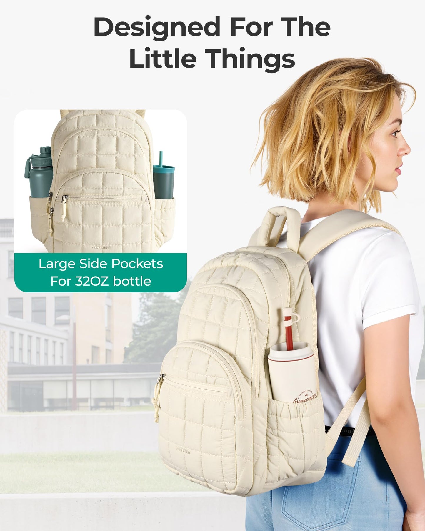 BAGSMART College Laptop Backpack, Travel Laptop Backpack for Women, Quilted Casual Daypack, Water-Resistant Bookbag for 15.6 Inch Laptop, Beige