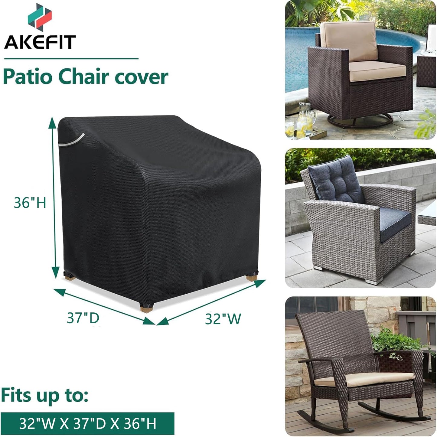 AKEfit Patio Chair Covers for Outdoor Furniture Waterproof 1 Pack,Heavy Duty Waterproof Outdoor Chair Covers for All-Weather Protection Lawn Lounge Deep Seat,Black-32Wx37Dx36H inches