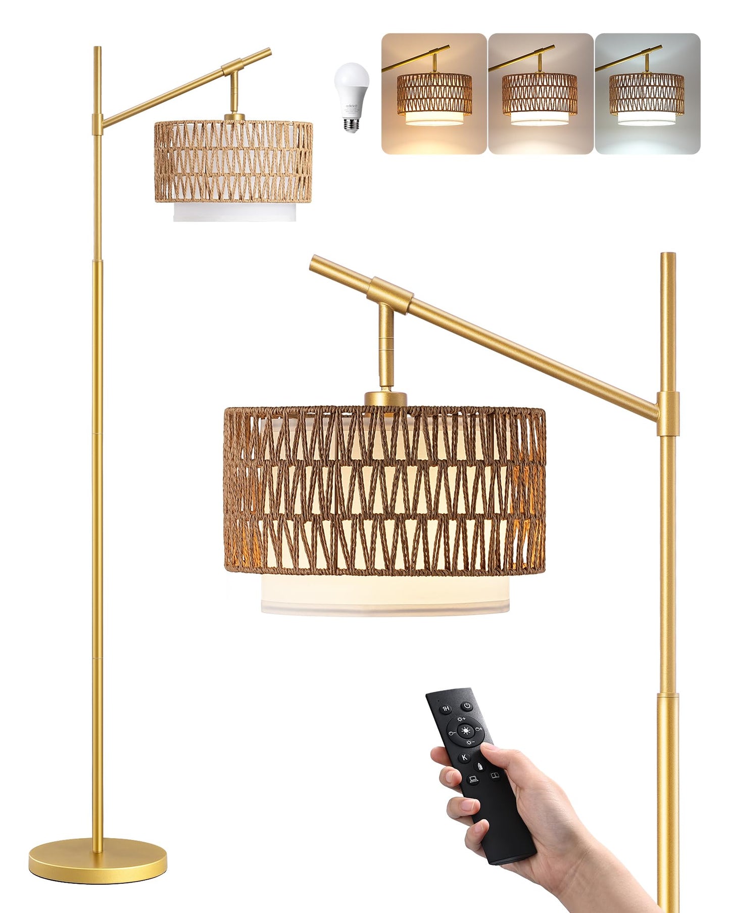 EDISHINE 64" Arc Floor Lamp with Remote, Gold Farmhouse Standing Lamps for Living Room, Rattan & Fabric Dual Shades, Dimmable LED Bulb, Foot Switch, Adjustable Head Boho Lamp for Bedroom, Nursery