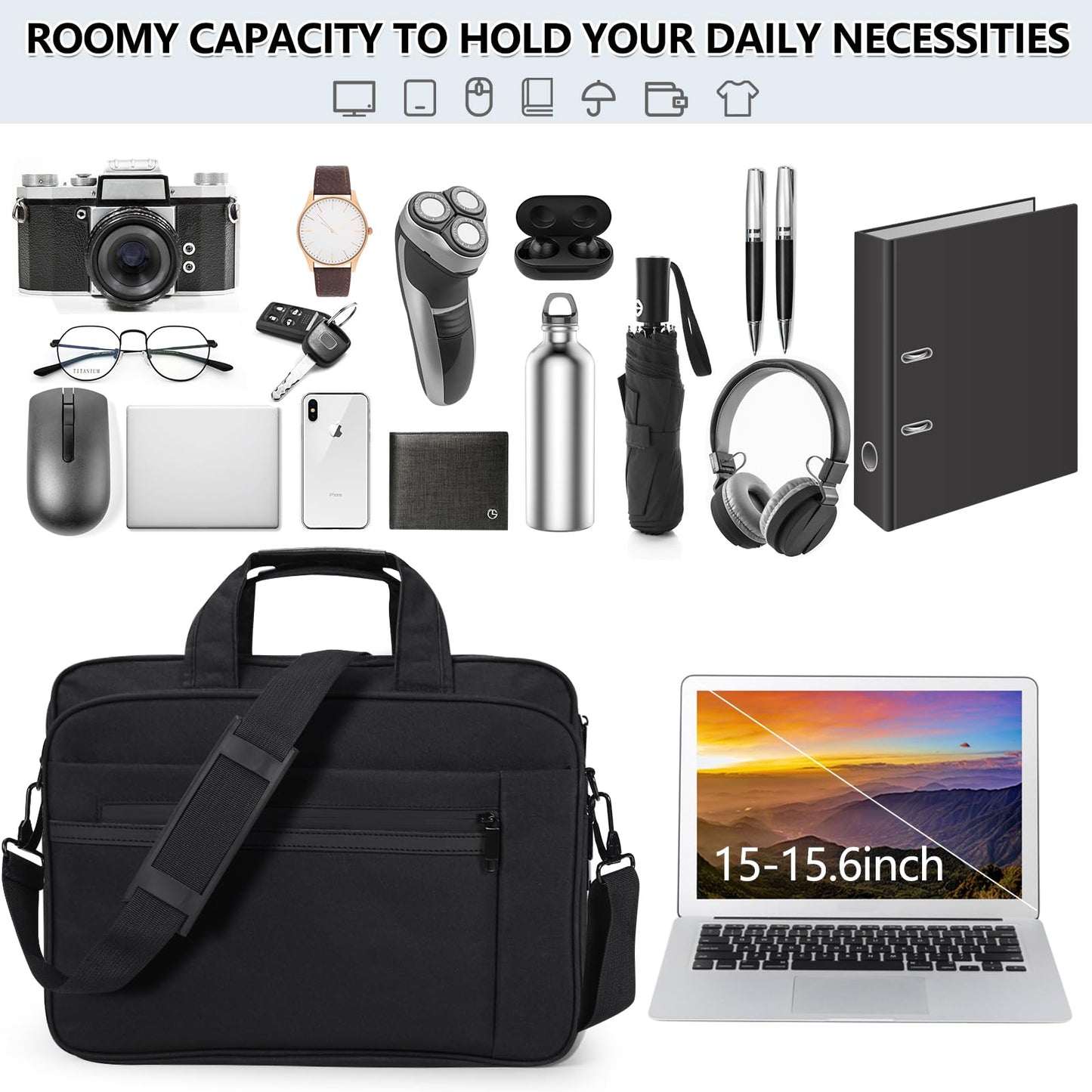 Laptop Bag 15.6 Inch Waterproof Computer Messenger Bag Expandable Briefcase for Men Women Laptop Carrying Case for Travel College Business,Black