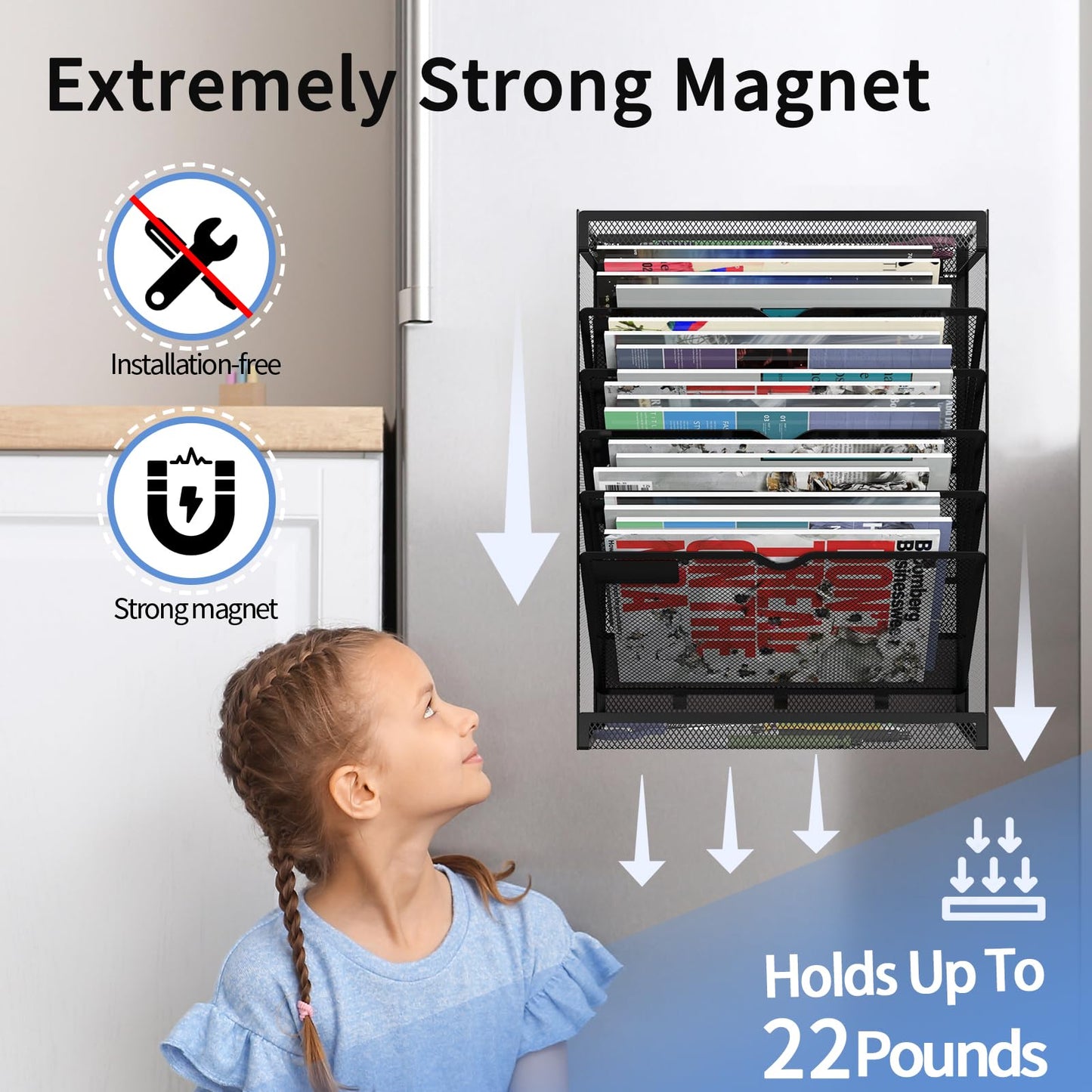 LQPAFZ 7-Tier Magnetic File Holder, No Drilling Wall File Organizer, Hanging File Organizer, Vertical Holder Rack for File Cabinets, Whiteboard, Refrigerator