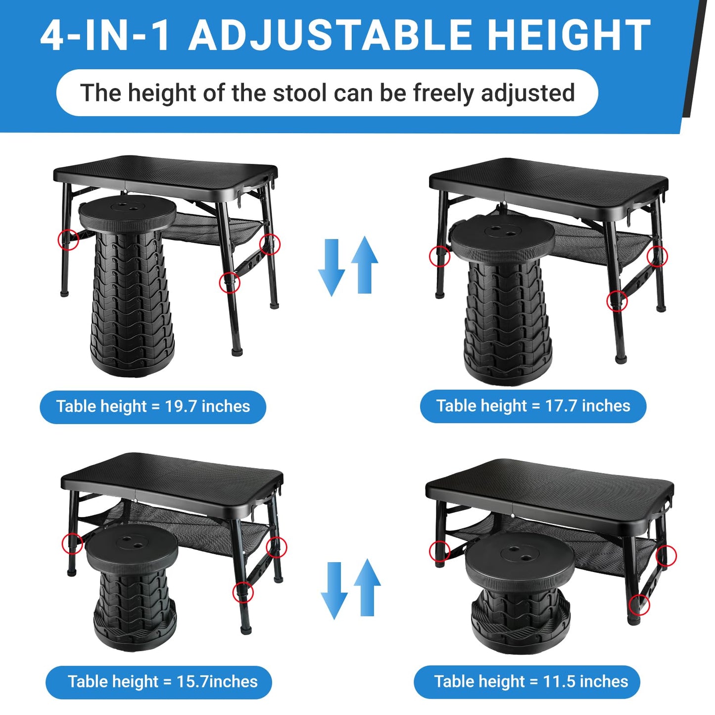 RLX Outdoors Portable Folding Small Coffee Table 25.8x17.5po and Stool, Height Adjustable, Anti-Slip Legs Daycare, Camping, Sports Games, classrooms, Boats… (Blue, Table + Stool)