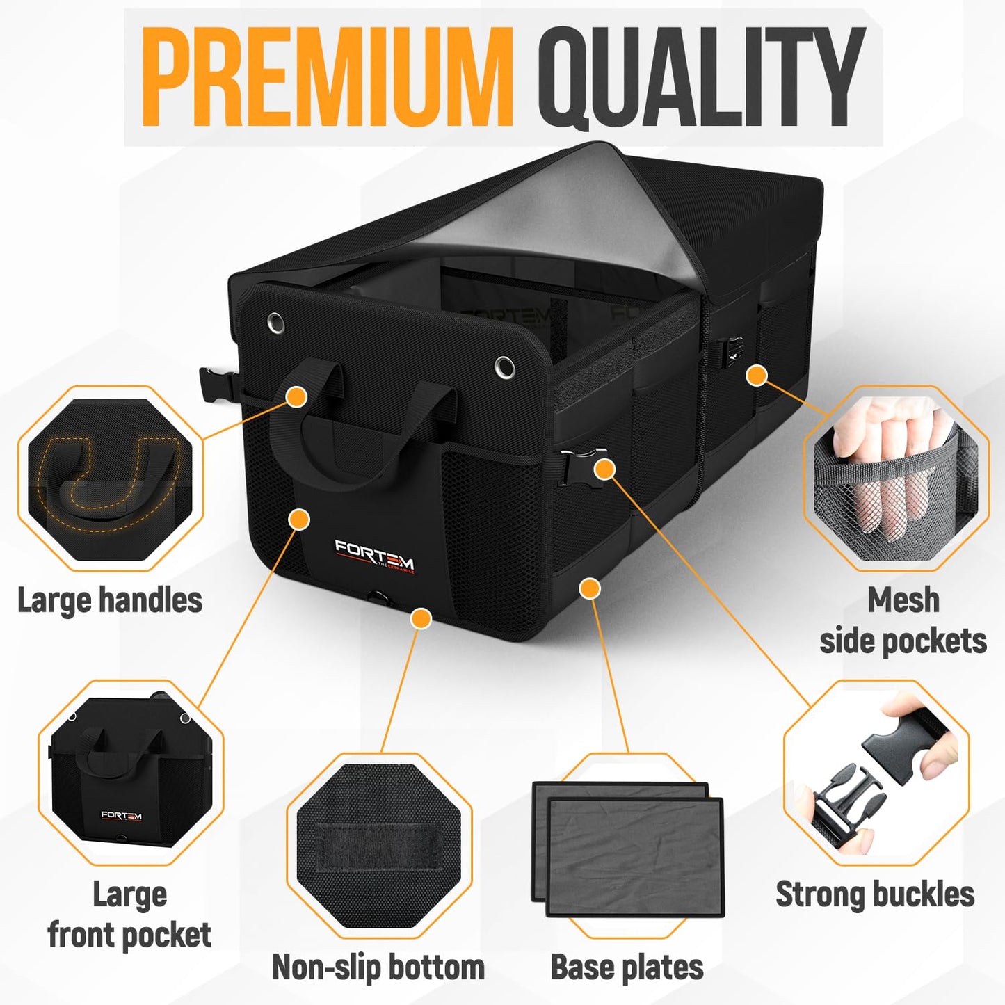 FORTEM SUV Trunk Organizer, Car Organizer, Collapsible Multi-Compartment Storage Bag for Car Accessories for Women Men, 1680D Oxford, Non Slip Bottom, Adjustable Straps, Soft Cover (65L)