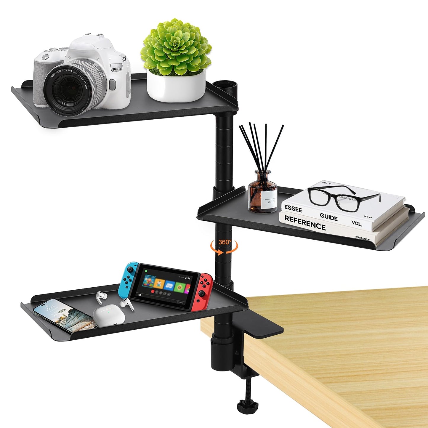 FBOAZI 3 Tier Clamp On Desk Shelf，Adjustable Above or Under Desktop Organizer ，360° Rotatable Carbon Steel Storage Tray for Home Office and Gaming Accessories（Black）