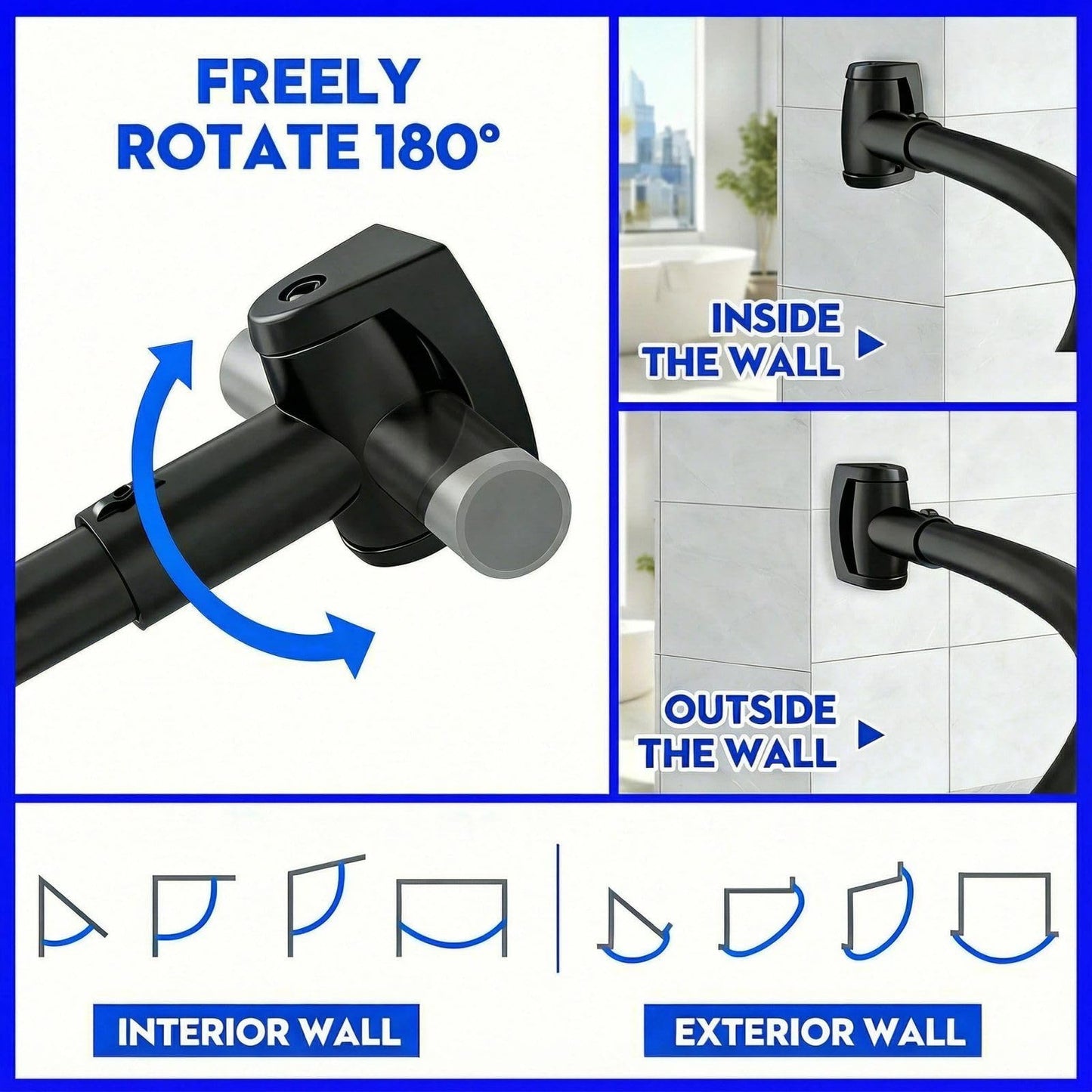 ASULUPHY Black Curved Shower Curtain Rod 33-76 Inch – Adjustable Shower Rod, Heavy Duty Stainless Steel, Anti-Rust, Non-Slip Shower Rod for Bathroom, Bathtub, Shower Stall
