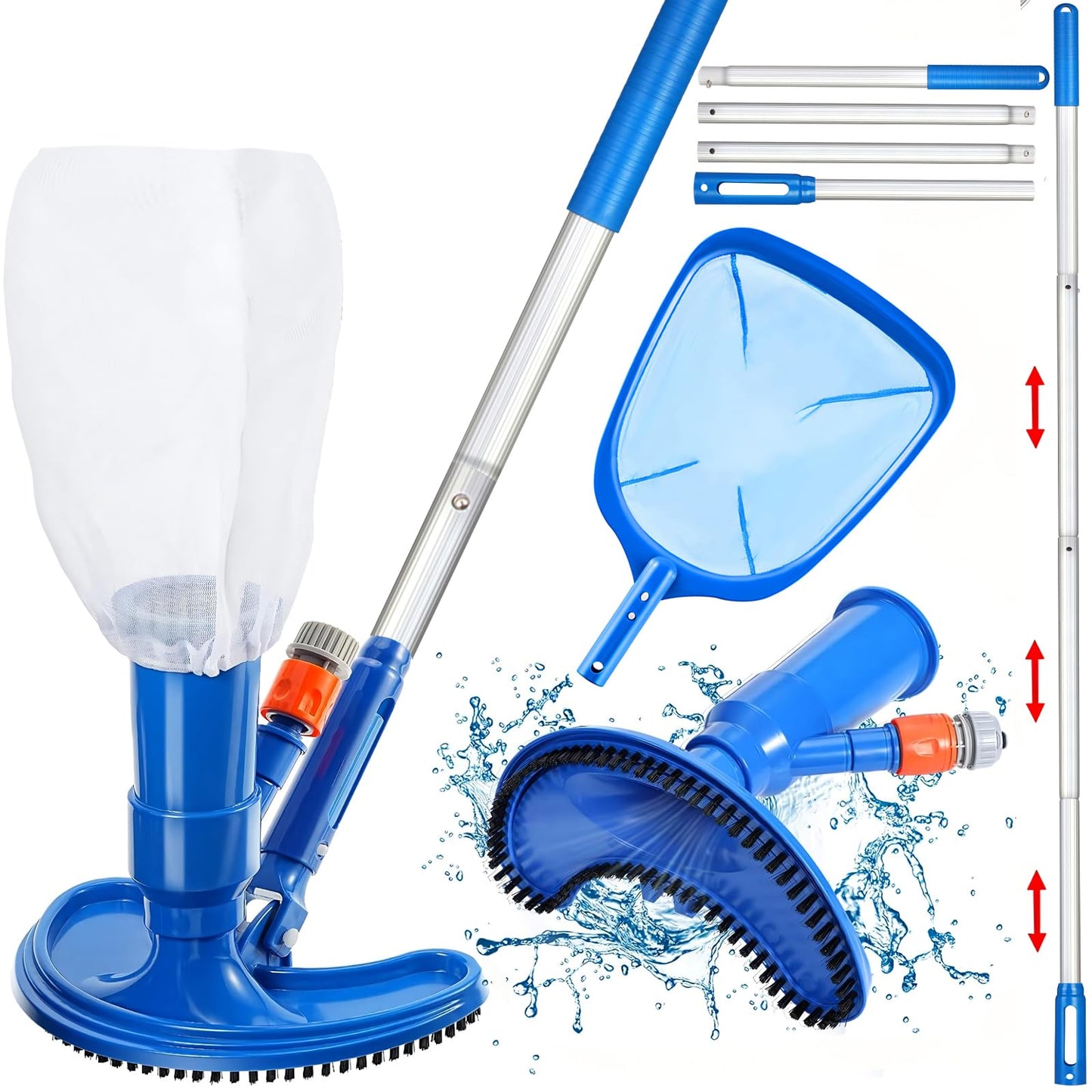 60" Portable Pool Vacuum Half Moon Jet Underwater Cleaner and Leaf Skimmer Net (No Garden Hose Included), 4 Section Pole of Hand Held Portable Pool Vacuum for Above Ground Pool, Spa, Ponds & Fountains