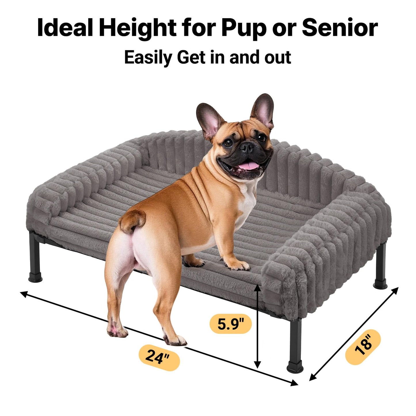 Veehoo Orthopedic Elevated Dog Bed with Bolster Cushion, Fluffy Plush Dog Couch Beds for Small Dogs, Cats, Washable Cozy Raised Pet Cot with Non-Slip Feet for Indoor or Patios Use, Gray, 24×18 Inches