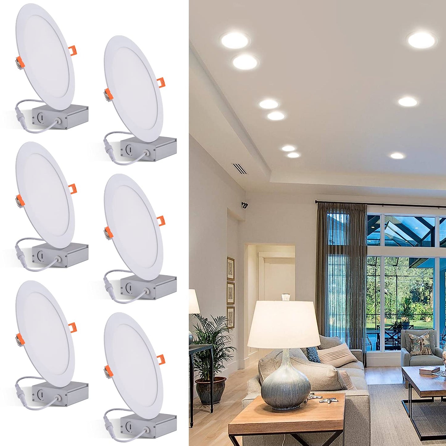 JARLSTAR 8 Inch LED Recessed Light with Junction Box, 6 Pack Ultra Thin LED Recessed Lighting.6000K Daylight,No Dimmable,18W 8" Recessed Ceiling Canless Wafer Downlight.Slim Can-Killer Lights,CRI80+