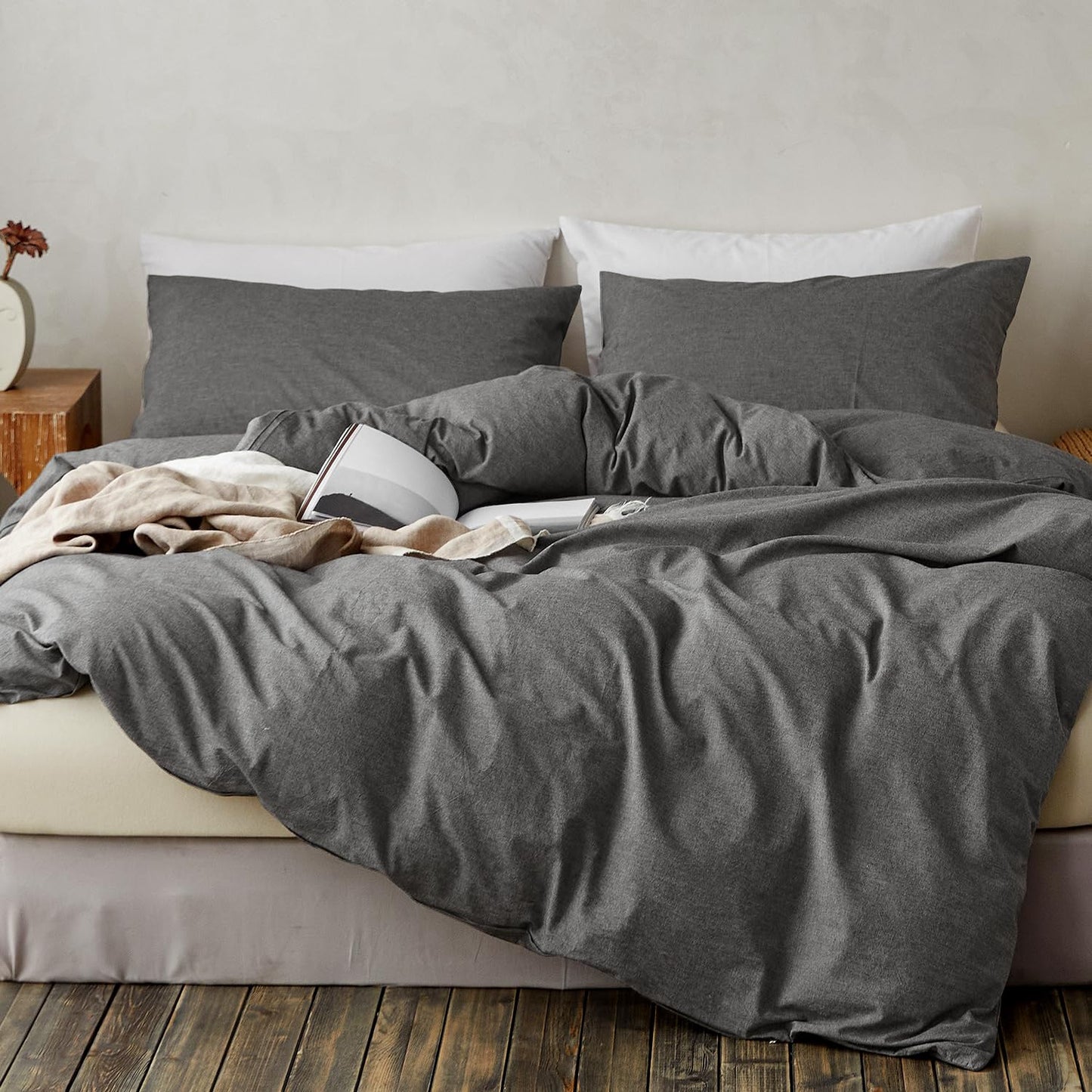 TOCOMOA Duvet Cover Set 100% Washed Cotton Linen Feel Soft Comfy Breathable 3 Piece Comforter Covers Bedding Set (King, Heathered Dark Grey)