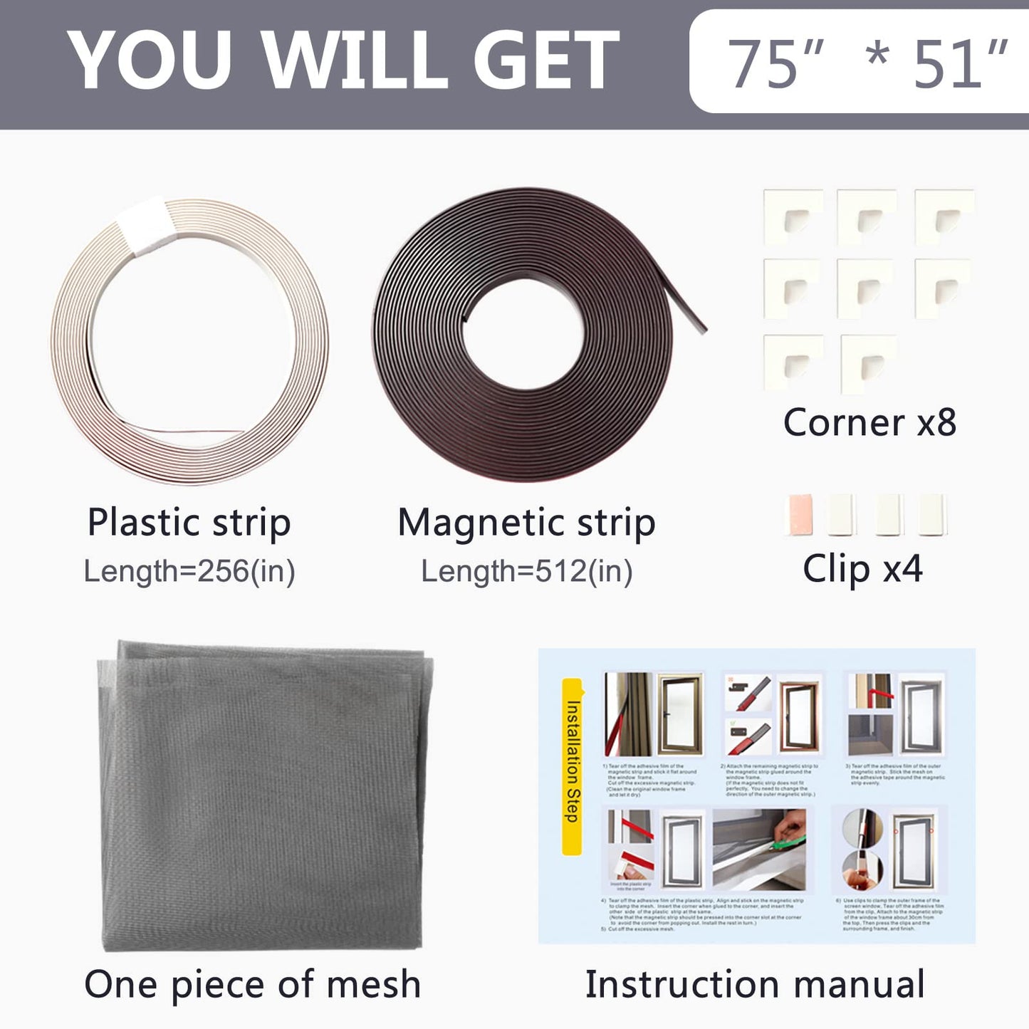 DIY Magnetic Window Screen Max 75"x51"((190x130cm) Fits Any Size Smaller Adjustable Easy Installation（ White Frame fire-Retarded mesh）