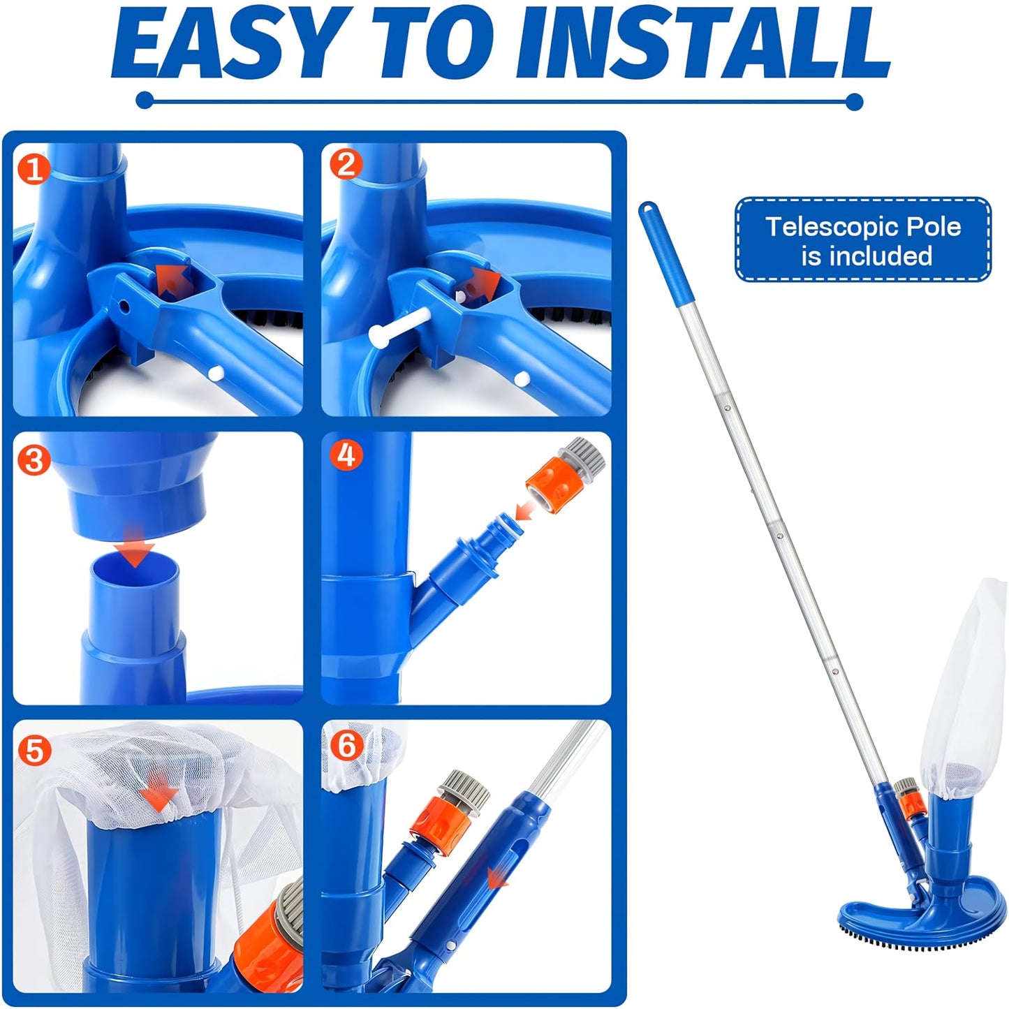 60" Portable Pool Vacuum Half Moon Jet Underwater Cleaner and Leaf Skimmer Net (No Garden Hose Included), 4 Section Pole of Hand Held Portable Pool Vacuum for Above Ground Pool, Spa, Ponds & Fountains