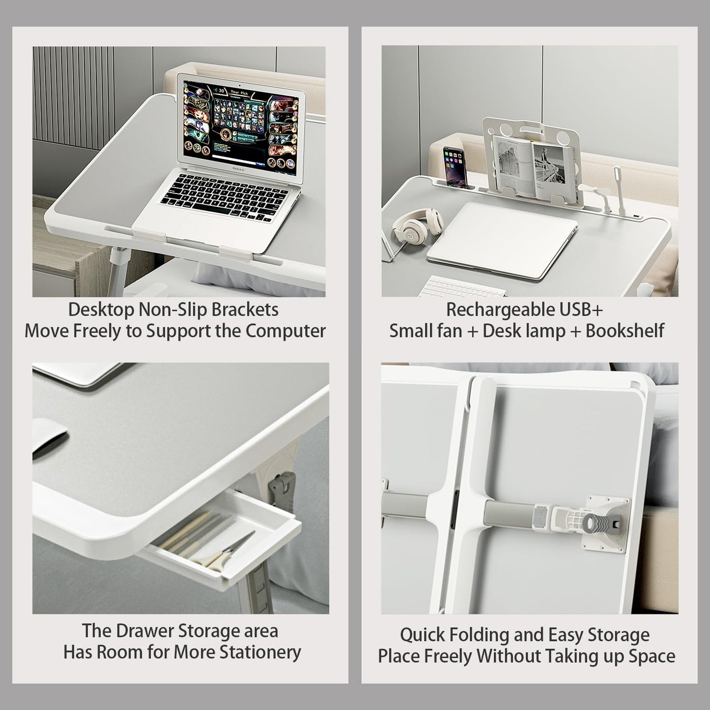 Laptop Desk for Bed, Adjustable Bed Table with USB Charge Port, Foldable Laptop Table with Storage Drawer, Portable Laptop Bed Desk Tray for Eating Working Writing Reading(Silver)