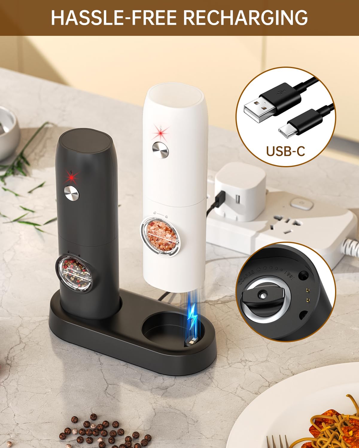 CIRCLE JOY Electric Salt and Pepper Grinder Set, USB Rechargeable Pepper Mills with Ceramic Grind and Adjustable Coarseness, Automatic Grinder for Home, Kitchen, Black White