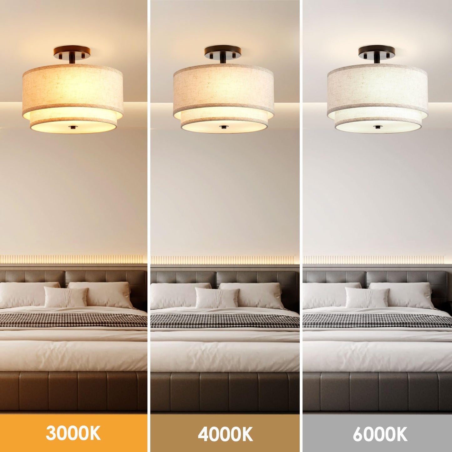 Ceiling Light,2-Layer Drum Shaped Light Fixture Ceiling,3 Light Semi Flush Mount Ceiling Light, 12.6“ Modern Fabric Ceiling Light Fixtures,Ideal Bedroom Light Fixtures Ceiling,Living Room,Kitchen