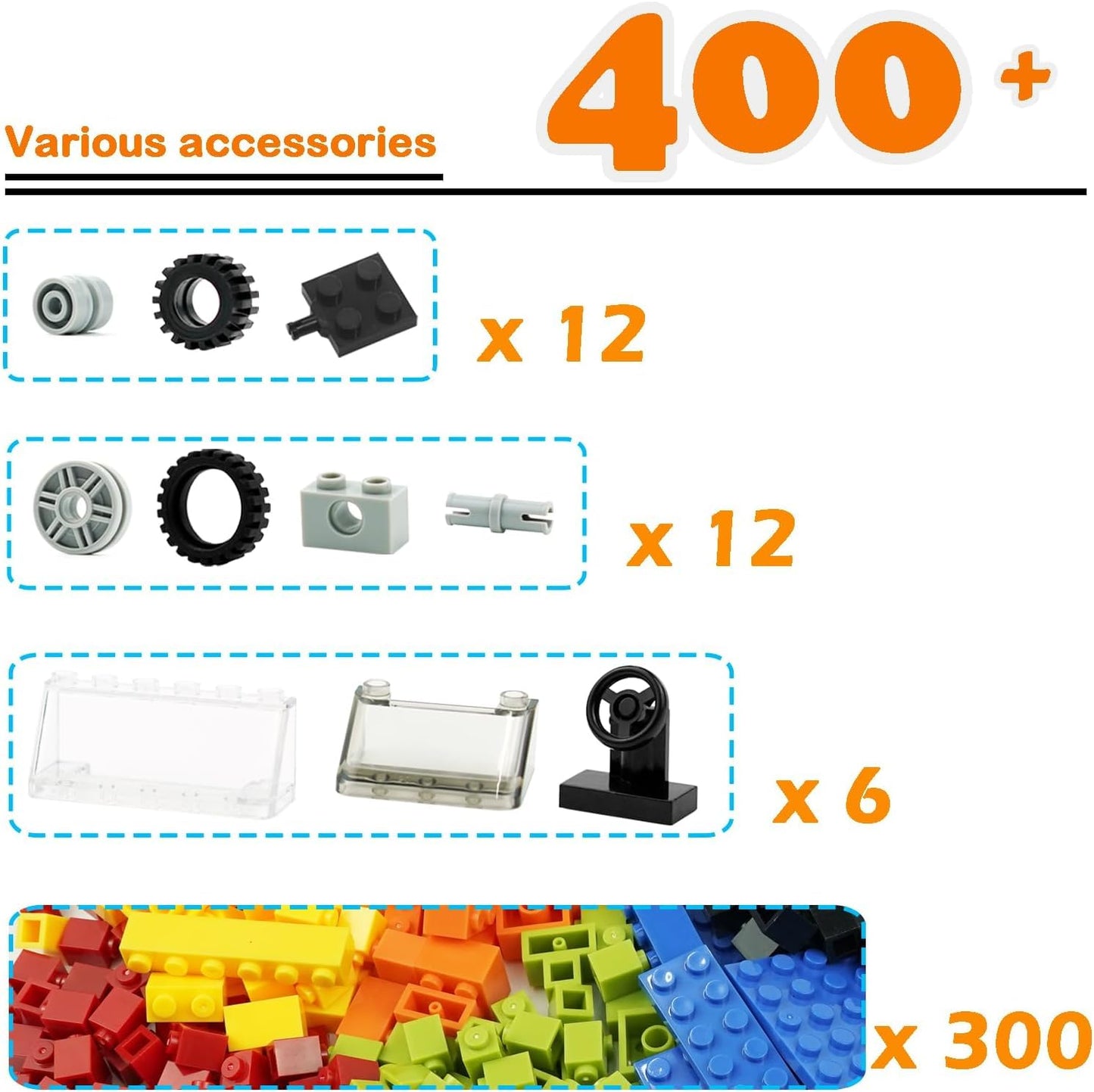 Classic Bricks Wheels and Axles Sets, 400pcs + Car Parts and Pieces Tires, Educational Building Kits Toys