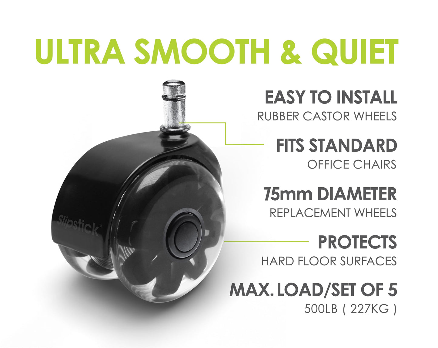 Slipstick Monster 75mm (3”) Dual Rollerblade Office Chair Wheels (Set of 5) Premium Rubber Caster Wheels for Chairs, Smooth & Safe Rolling on All Flooring