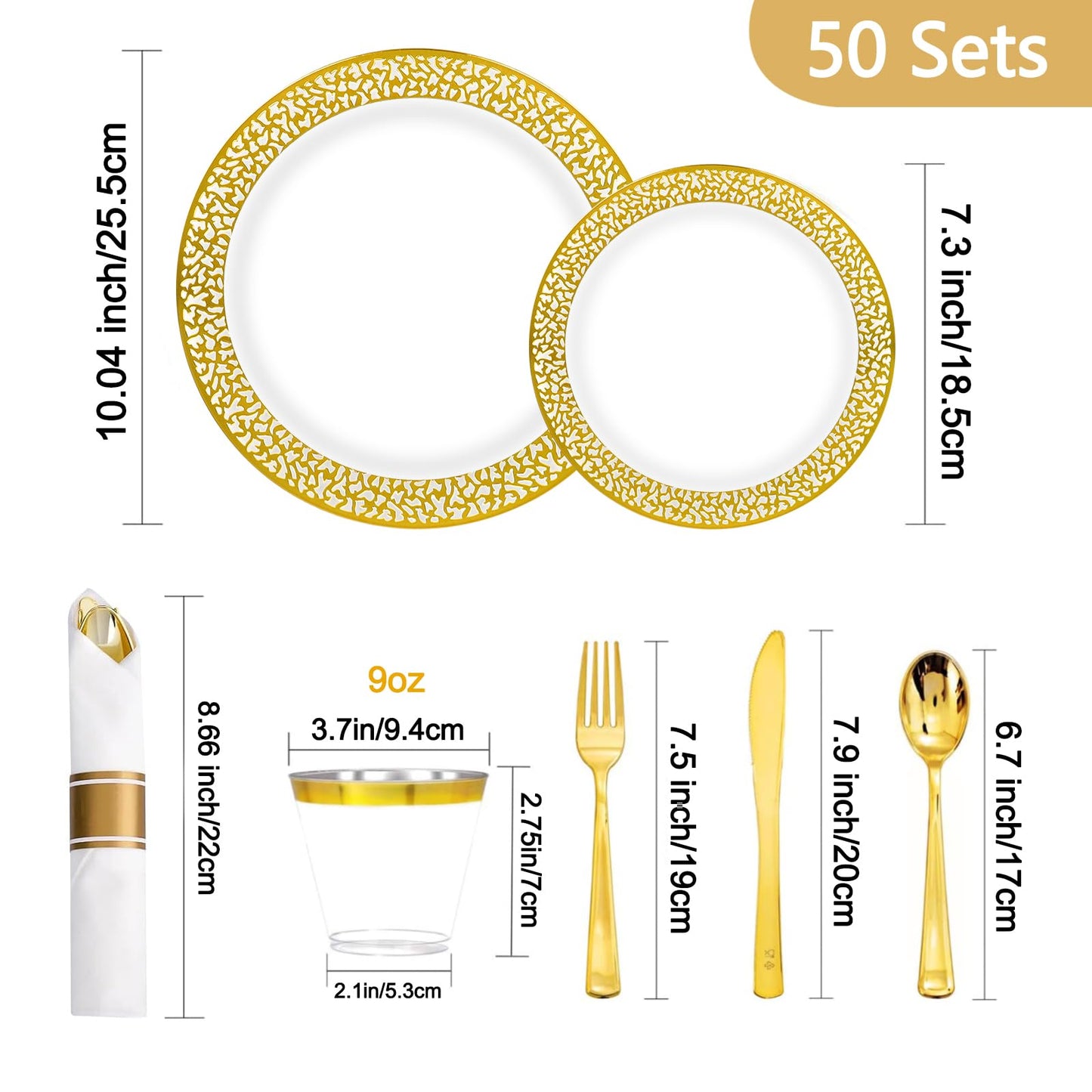 350 Piece Dinnerware Set for Wedding & Party,50 Guest Lace Design Plastic Plates,50 Plastic Silverware,50 Cups,50 Linen Like Napkins,50 Guest Disposable Dinnerware Set (Gold)