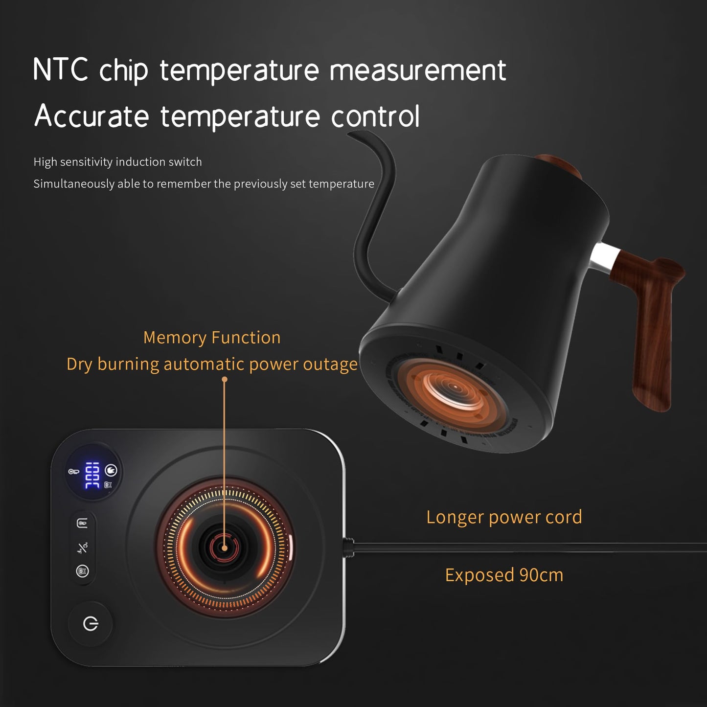 TanChihl Electric Gooseneck Kettle 304 Stainless Steel Electric Tea Kettle 0.9L Temperature Control Pour-Over Coffee and Tea Pot Quick Heating Hot Water Boiler (Black)