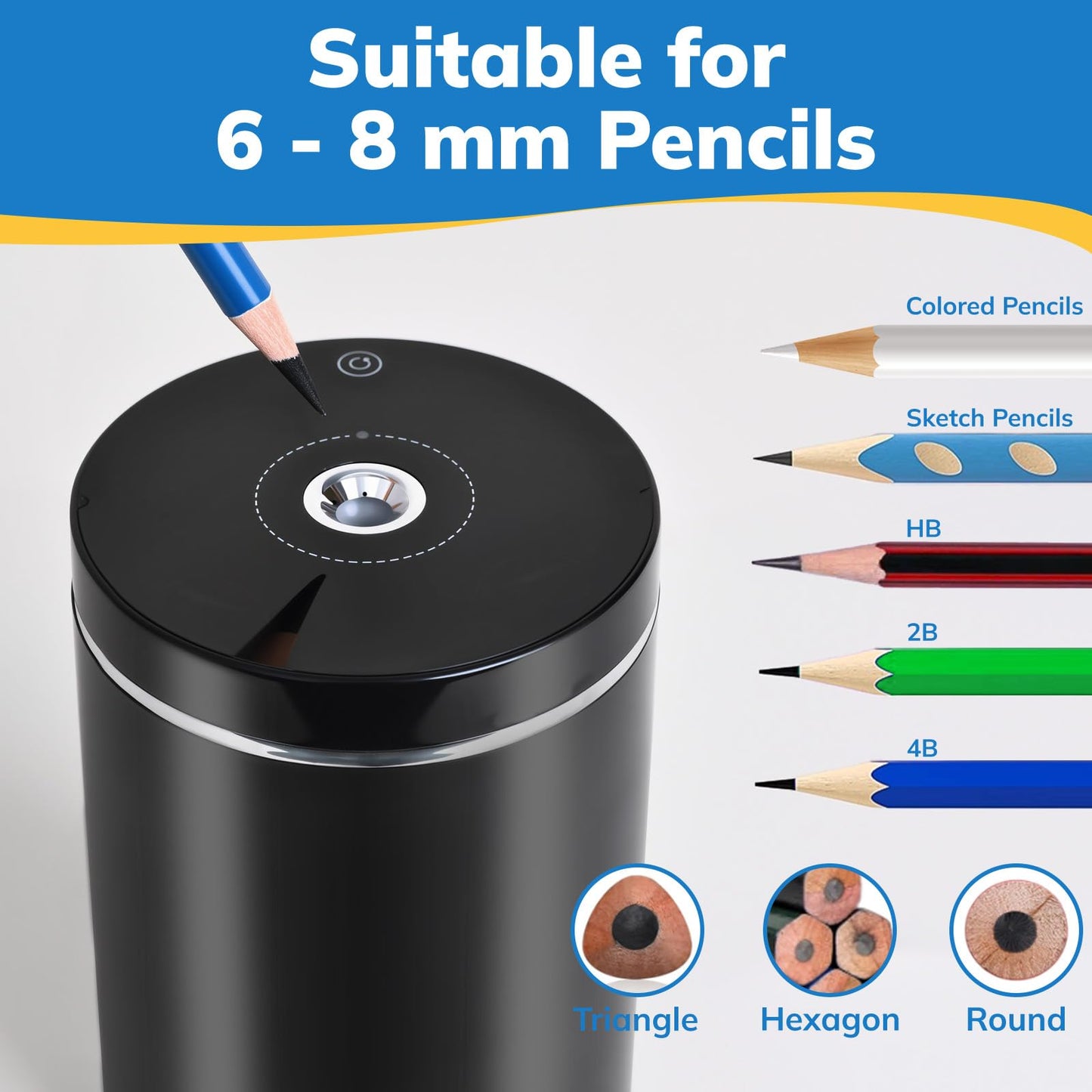leep sheep Electric Pencil Sharpener, Fully Automatic Pencil Sharpener with Auto in and Out, Rechargeable and Hands-Free for Standard 6-8mm Pencils, Perfect for Classroom (Black and Silver)
