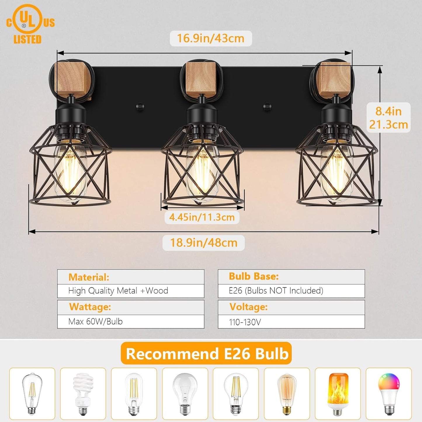 3-Light Wood Bathroom Vanity Light Fixtures Over Mirror,Wood Bathroom Vanity Lights for Bathroom, Industrial Black Vanity Light with Metal Lampshade for Bedroom Hallway Living Room