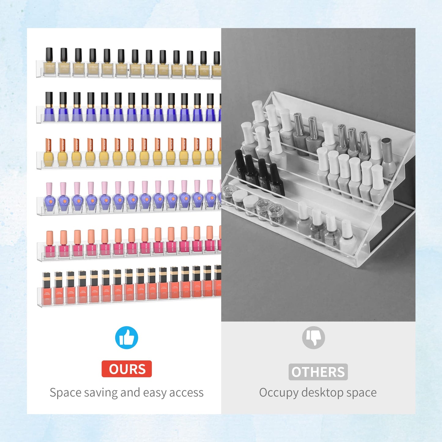 Sezanrpt Nail Polish Rack Shelf for Wall, Clear Nail Polish Organizer Wall Mounted, 32 Inches Acrylic Nail Polish Shelf for 192 Bottles, 6 Pack…