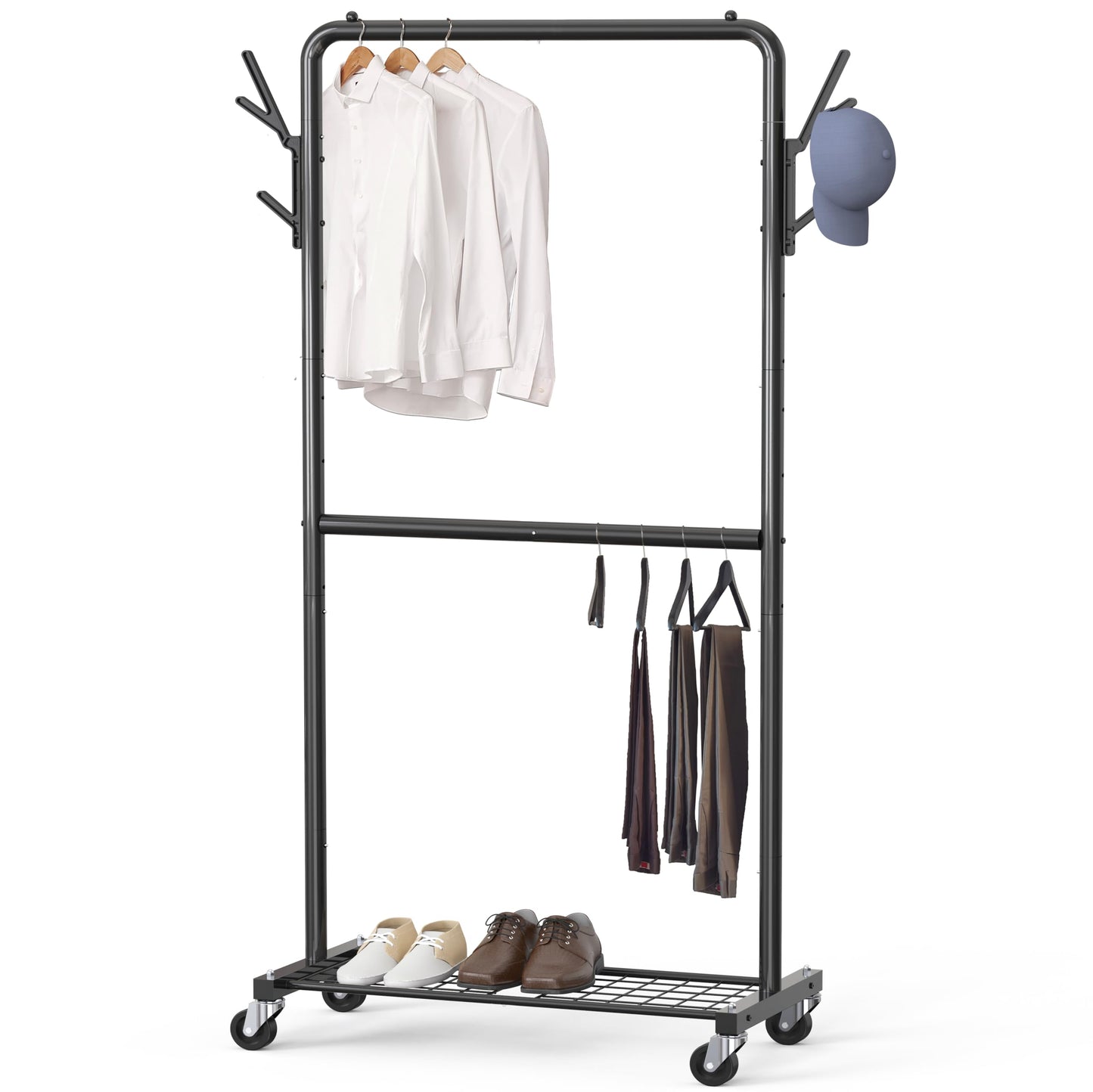 Simple Houseware Double Rod Clothes Rack with Wheels, Hooks & Shelves, Heavy-Duty Metal Garment Rack Organizer, Black