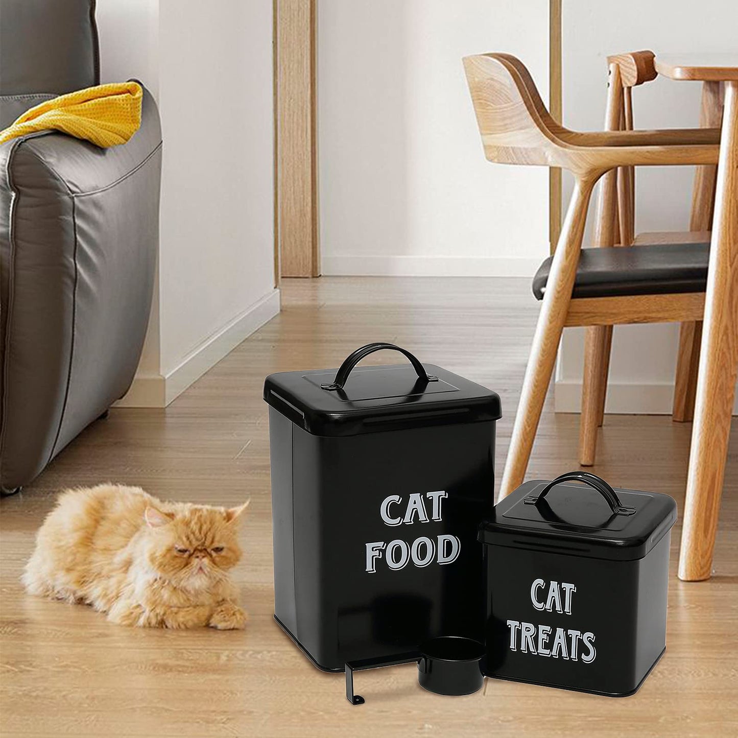 Pethiy cat Food and Treats Containers Set with Scoop for cats-Vintage White Powder-Coated Carbon Steel - Tight Fitting Lids - Storage Canister Tins Small-Black