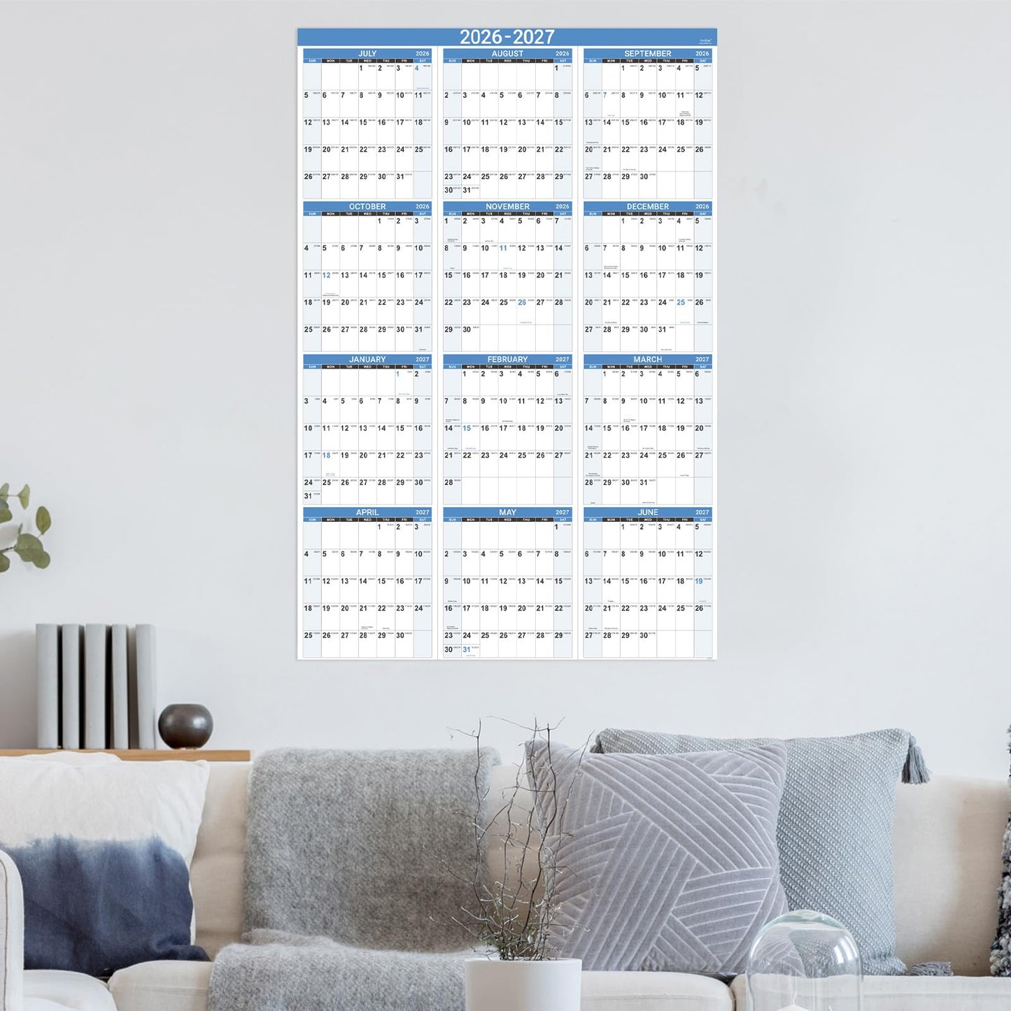 2026-2027 Wall Calendar - 2026-2027 Yearly Wall Calendar, July 2026 - June 2027, Calendar 26-27, 34.8" x 22.8"(Open), One Page Vertical with Round Stickers, Gift Pocket - Haze Blue