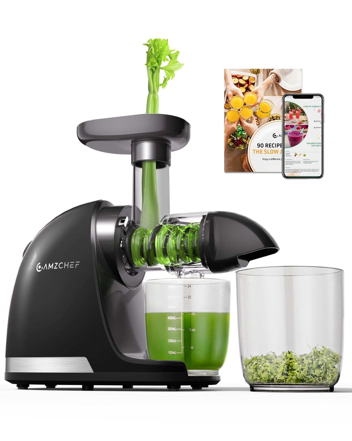 Juicer Machines - AMZCHEF Cold Press Masticating Juicer whole Fruit and Vegetable - Delicate Chew No Need to Filter - BPA Free Juice Extractor with 2 Cups and Brush- Ebony