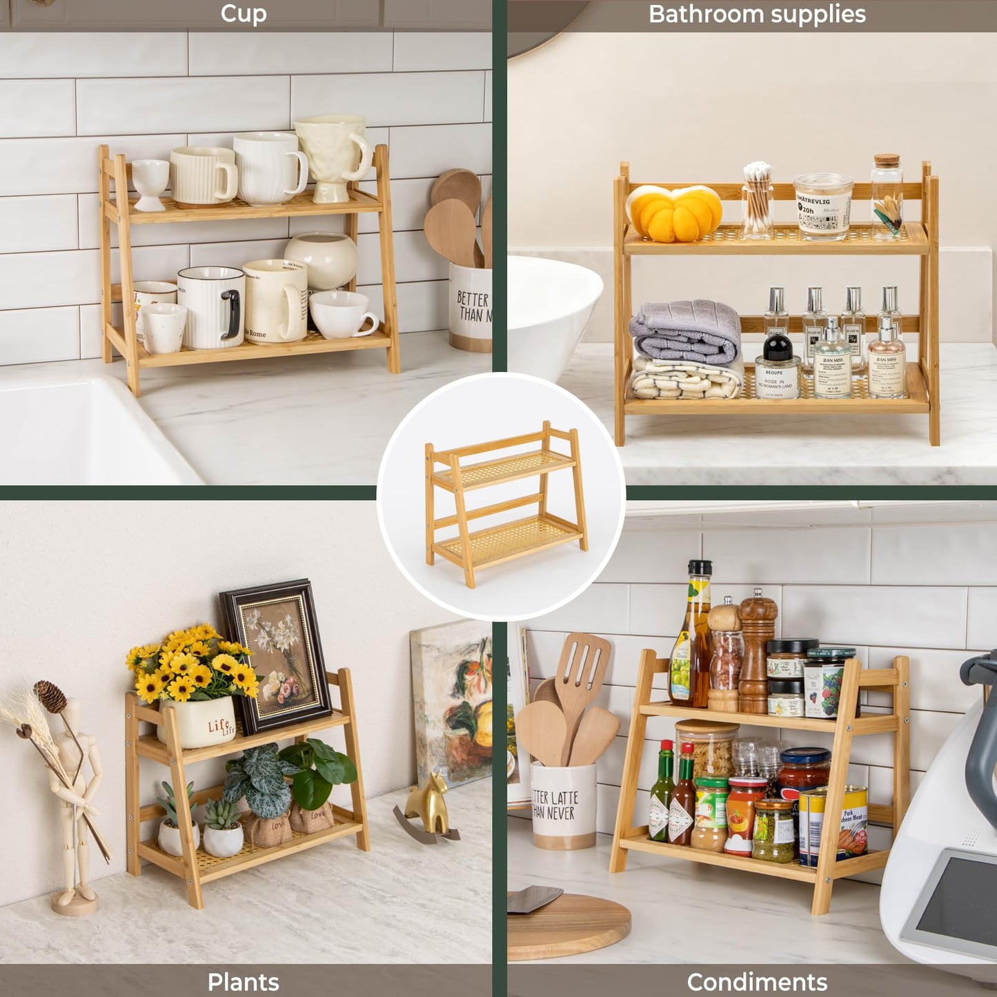 ANBOXIT Rattan-Look Matcha Station Organizer, Countertop Bamboo Tea & Coffee Accessories Station Organizer, 2 Tier Mug Holder Display Stand for Kitchen, Home, Office