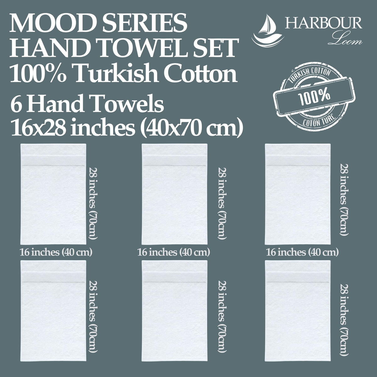 Harbour Loom White Hand Towels for Bathroom - 6 Pack 16x28 - Turkish Cotton - Oeko-TEX Certified Soft Absorbent & Skin-Safe - Luxury Hotel & Spa Quality for Gym & Home Use