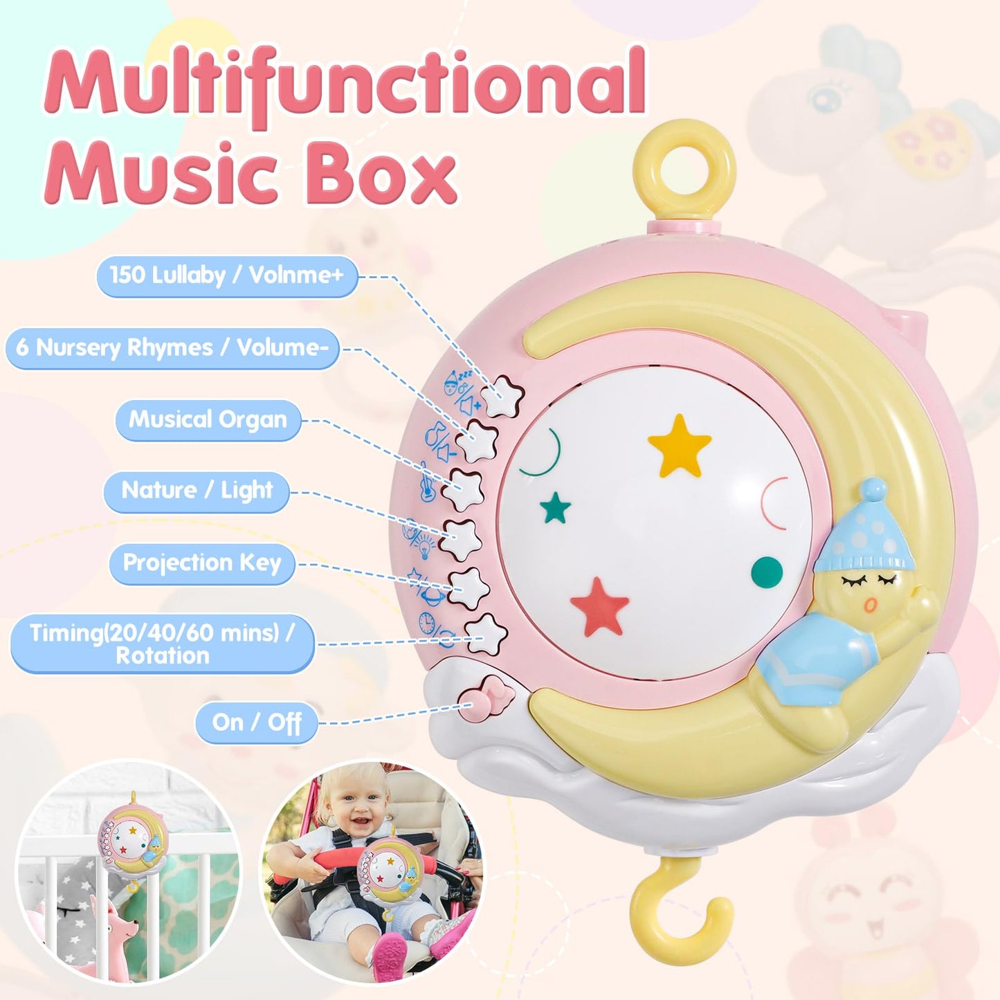 BOBXIN Baby Musical Crib Mobile for Bassinet with Projector and Night Light,150 Music,Timing Function,Take Along Mobile Music Box and Rattle,Toy for Newborn Girls Boys 0-12 Months