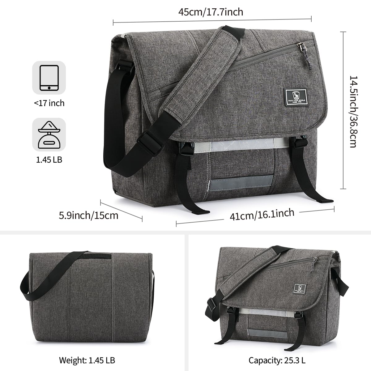 OIWAS Canvas Messenger Bag Pack - Leisure 15 Inch Laptop Shoulder Satchel Briefcase Backpack for Men Women Teens (Gray)