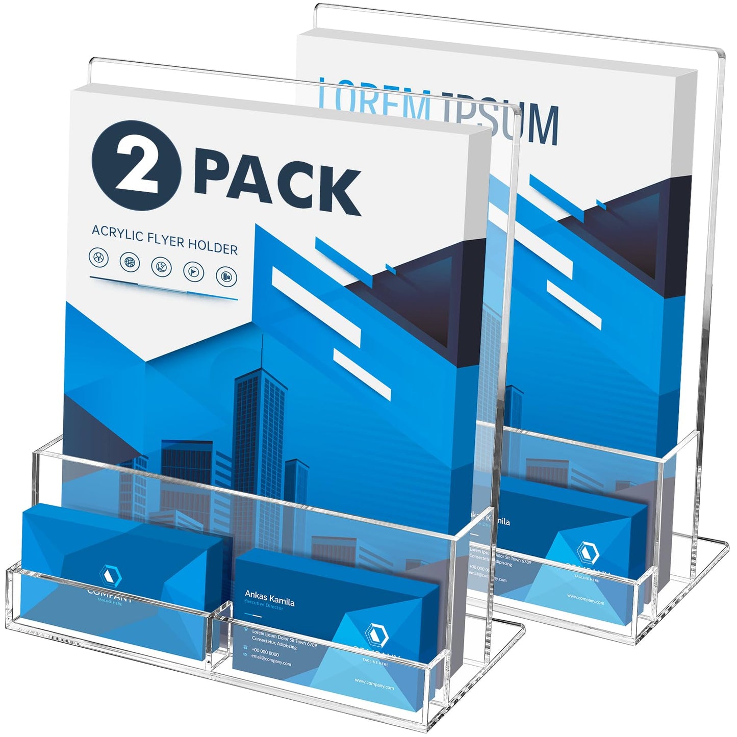 BEYGORM Acrylic Flyer Holder with Business Card Holder for 400 Flyers, 2 Pack Clear Stands for Display, Brochure Holder for Trade Show, Pamphlet, Magazine, Literature, Booklets