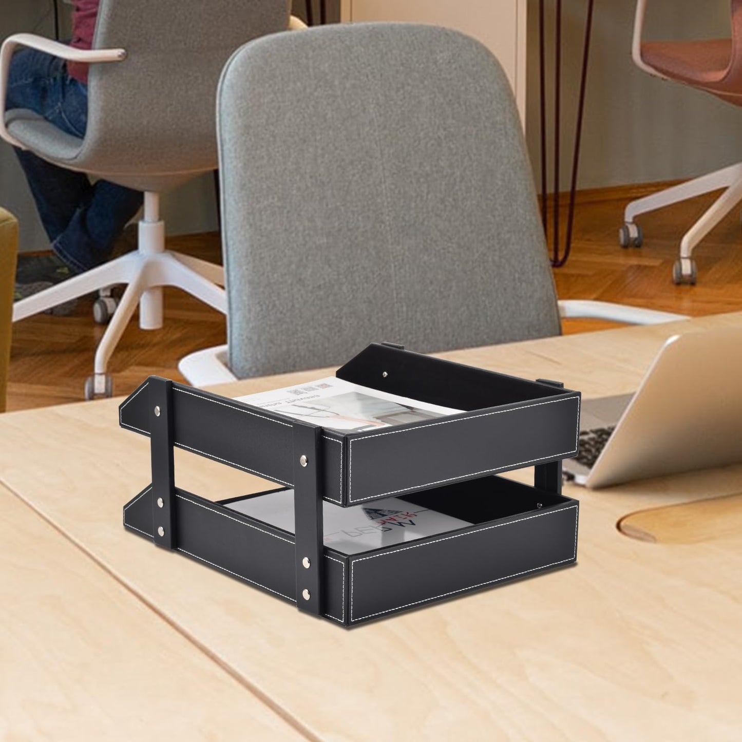 Leather Desk File Supply Organizer,Stackable Office File Document Tray for Files, Folder, Stationery, Magazine, Newspaper, Mail, Home Sundries Desktop Organization Holder,Black
