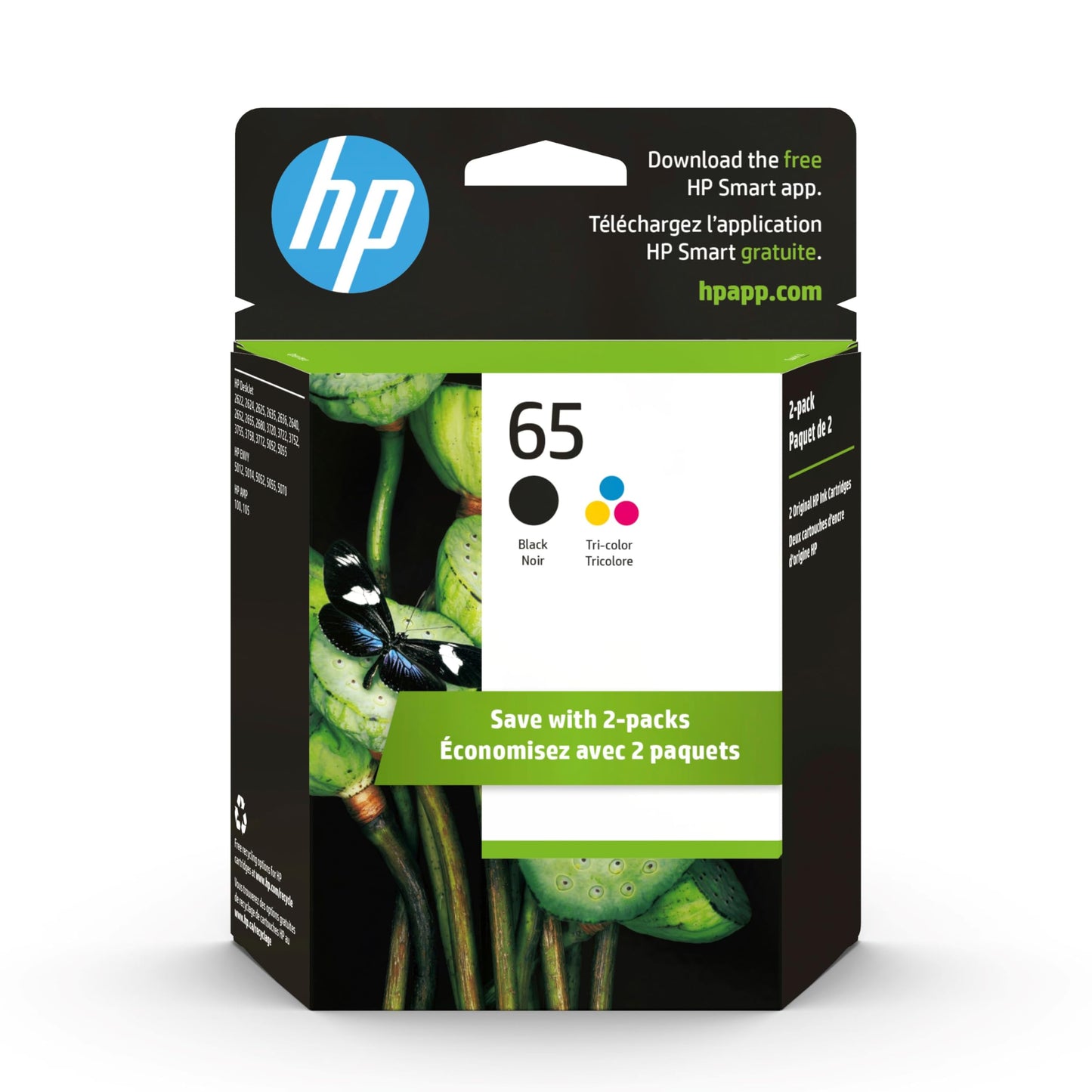 Original HP 65 Black/Tri-Color Ink Cartridges 2-Pack | Works with HP AMP 100 Series HP DeskJet 2600 3700 Series HP Envy 5000 Series | Eligible for Instant Ink